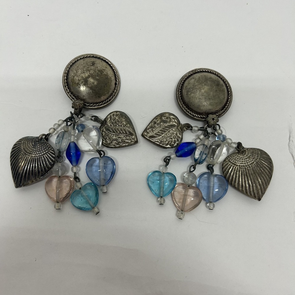 Vintage 90s Charm Dangle Silver Tone Glass Heart Drop Earrings
